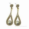 Rhinestone Casting Drop Earrings, Inlay with Ivory Glass Pearl